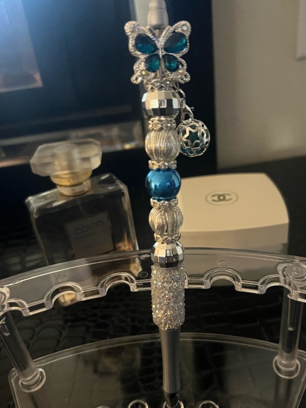 Decorative Beaded Butterfly Pen - Silver and Teal